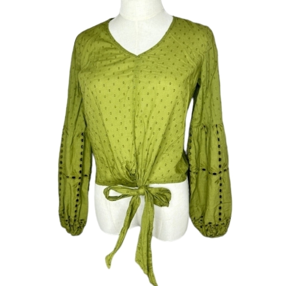 Japna Olive Green Front Tie Eyelet Balloon‎ Sleeve Top Women’s Size Small
